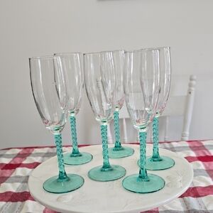 Set Of 6 Vintage Luminarc Angelique Champagne Glasses Twisted Teal Stem